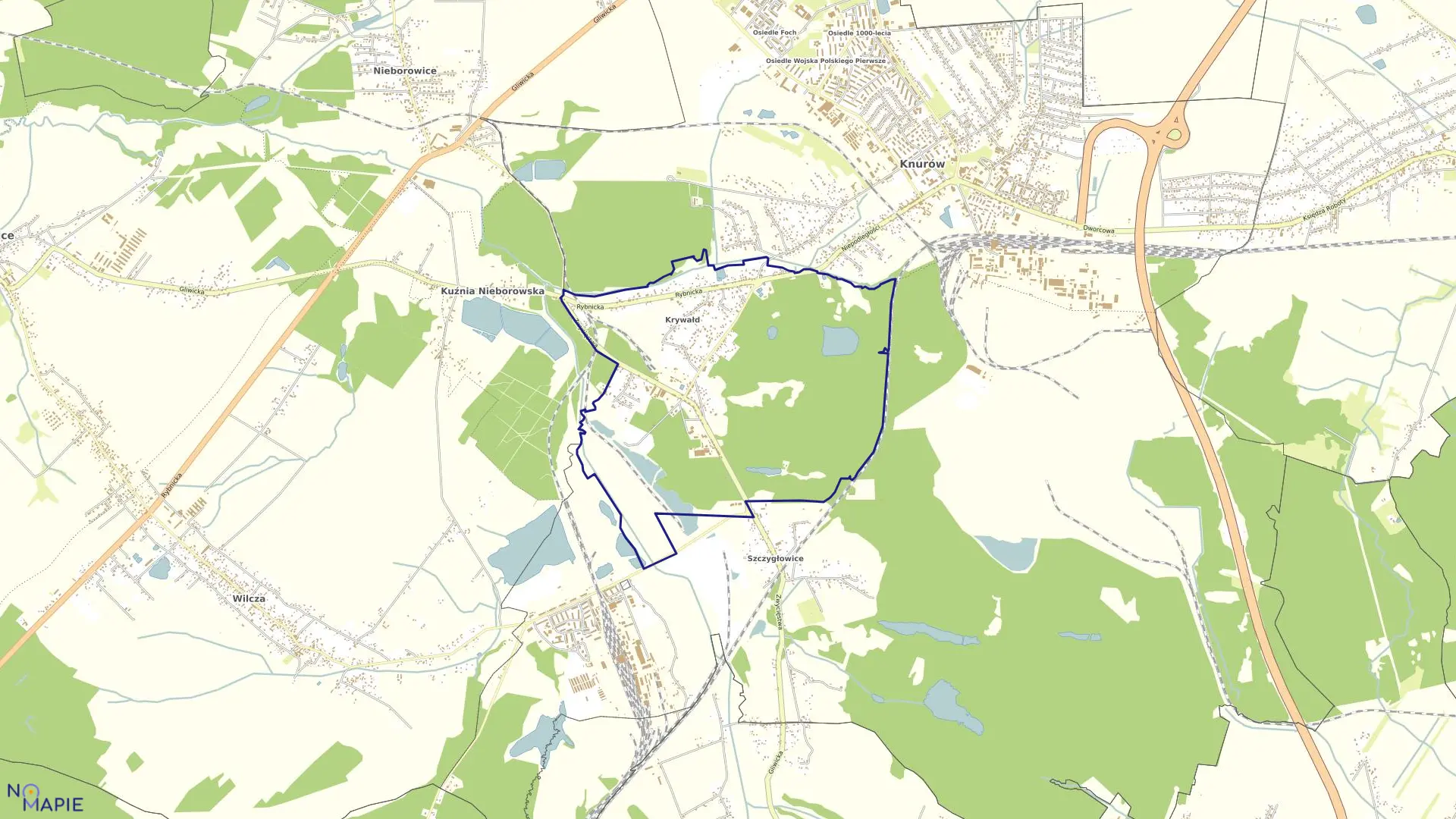 Mapa obrębu Krywałd w mieście Knurów